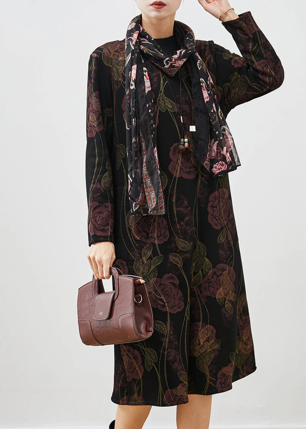 Handmade Black Floral Warm Fleece Maxi Dresses Spring - Image 3