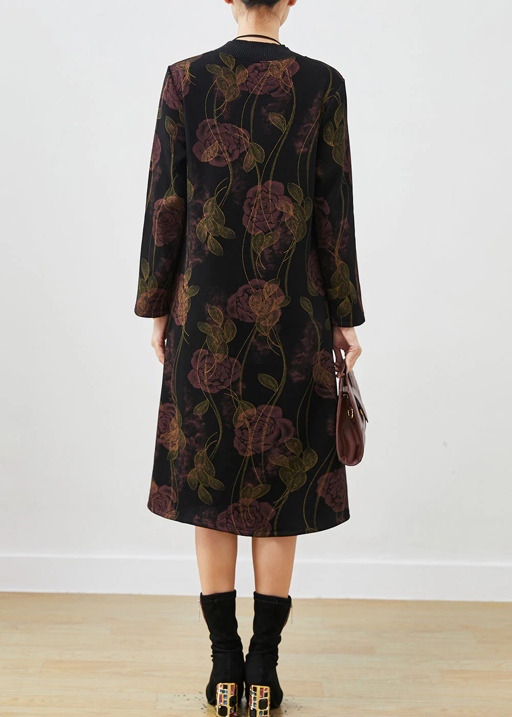 Handmade Black Floral Warm Fleece Maxi Dresses Spring - Image 4