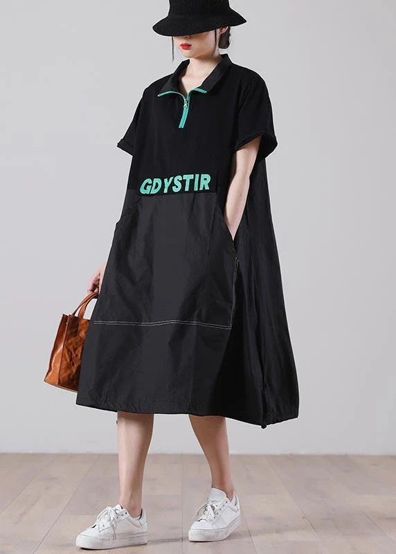 Handmade Black Graphic zippered Holiday Summer Cotton Dress
