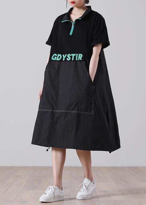 Handmade Black Graphic zippered Holiday Summer Cotton Dress - Image 2