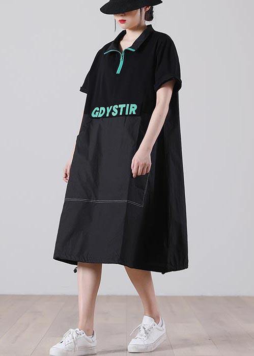 Handmade Black Graphic zippered Holiday Summer Cotton Dress - Image 3