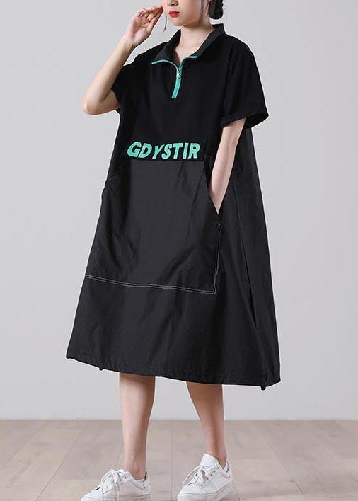 Handmade Black Graphic zippered Holiday Summer Cotton Dress - Image 4