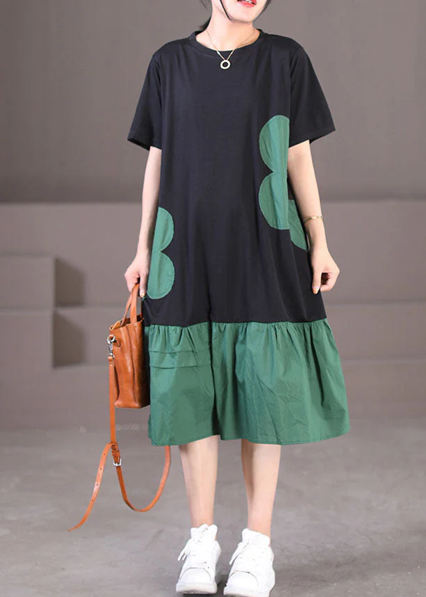Handmade Black Green O-Neck Wrinkled Cotton Long Dresses Short Sleeve - Image 2