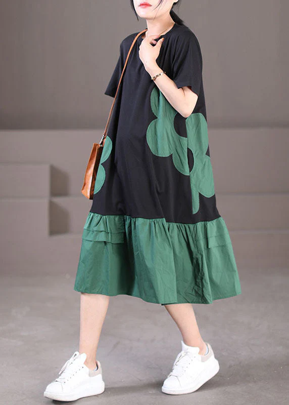 Handmade Black Green O-Neck Wrinkled Cotton Long Dresses Short Sleeve - Image 3