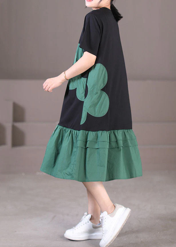 Handmade Black Green O-Neck Wrinkled Cotton Long Dresses Short Sleeve - Image 4