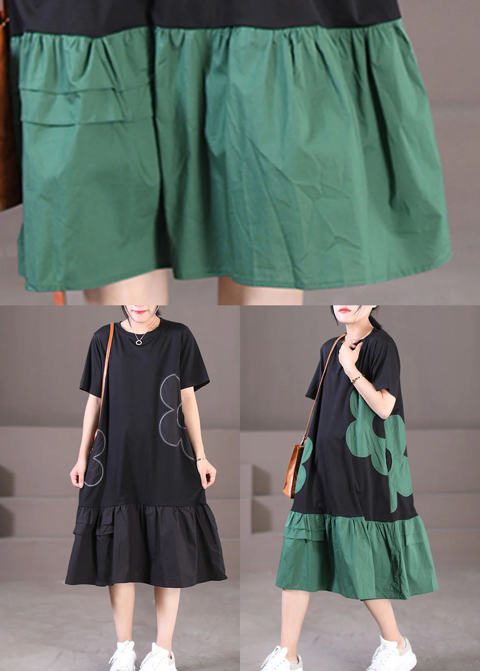 Handmade Black Green O-Neck Wrinkled Cotton Long Dresses Short Sleeve - Image 5