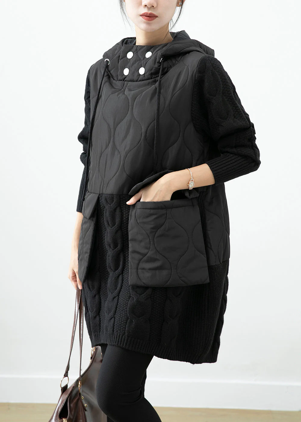 Handmade Black Hooded Knit Patchwork Warm Fleece Pullover Sweatshirt Dress Winter - Image 3