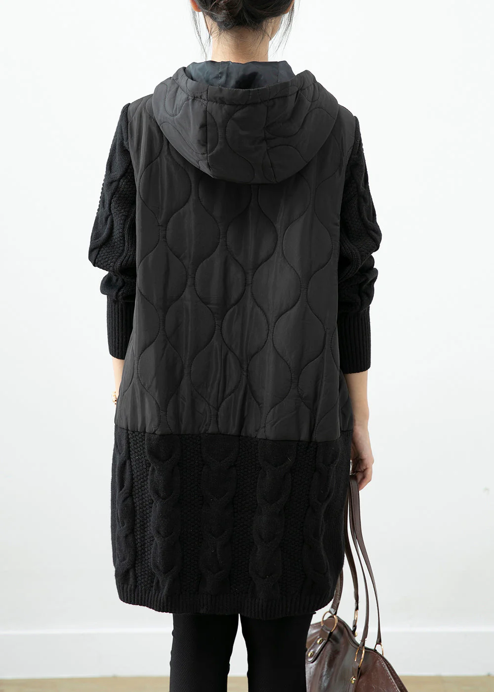 Handmade Black Hooded Knit Patchwork Warm Fleece Pullover Sweatshirt Dress Winter - Image 4