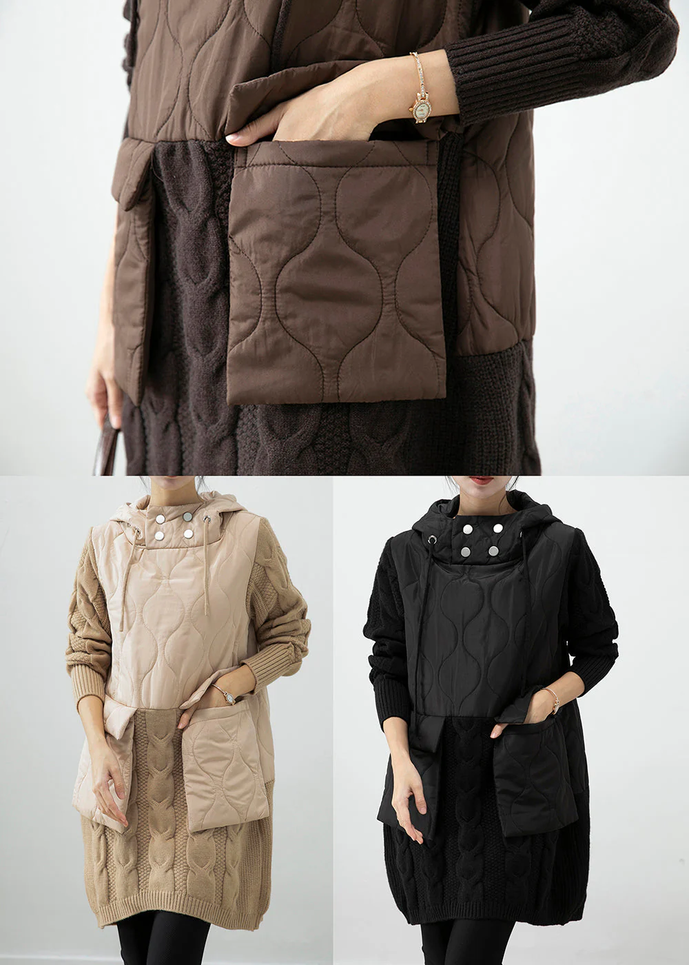 Handmade Black Hooded Knit Patchwork Warm Fleece Pullover Sweatshirt Dress Winter - Image 5