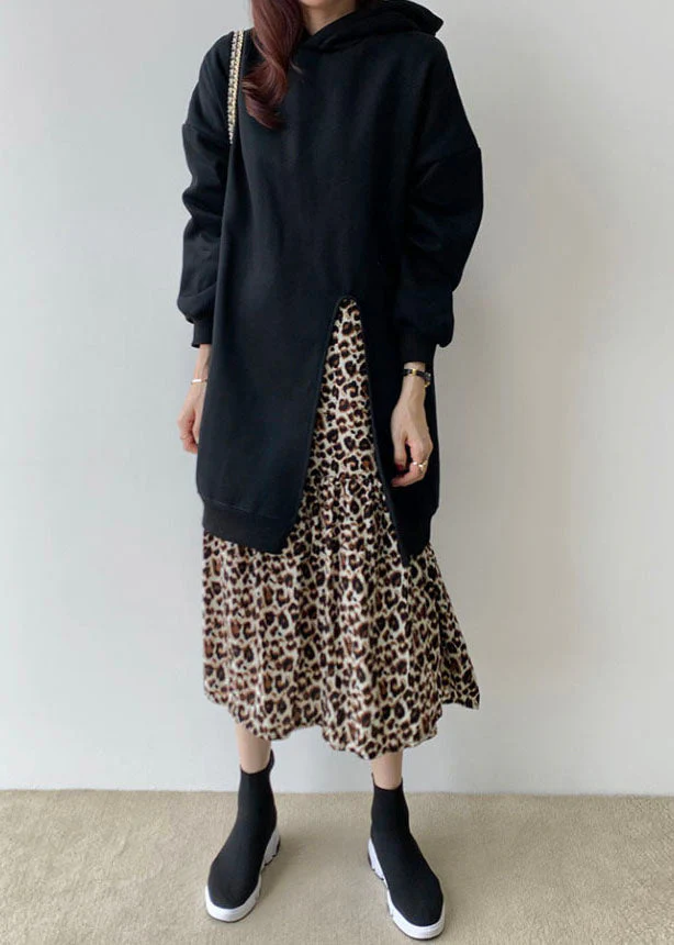 Handmade Black Hooded Patchwork Leopard False Two Pieces Cotton Dress Spring - Image 2