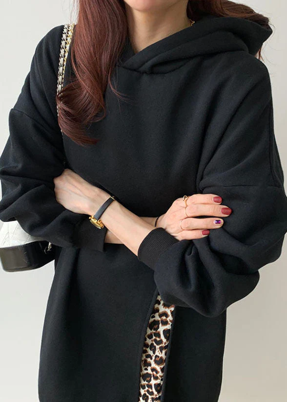 Handmade Black Hooded Patchwork Leopard False Two Pieces Cotton Dress Spring - Image 4