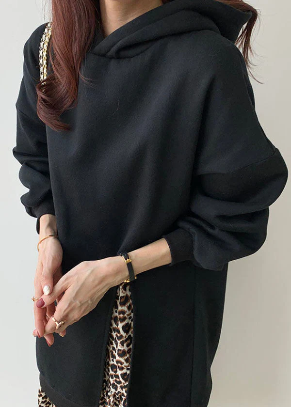 Handmade Black Hooded Patchwork Leopard False Two Pieces Cotton Dress Spring - Image 5