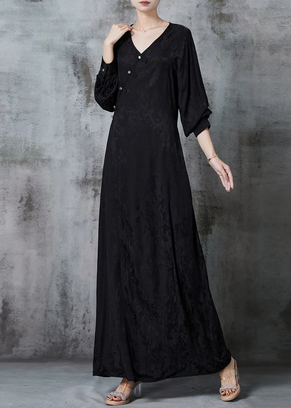 Handmade Black Jacquard Chinese Button Silk Dress Spring - Image 2