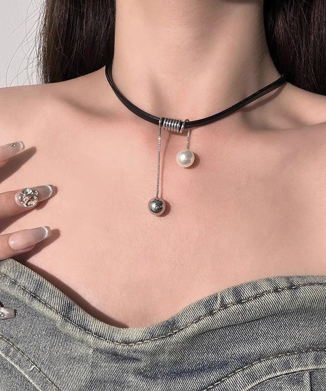 Handmade Black Leather Pearl Pendant Necklace - Image 3