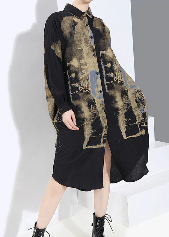 Handmade Black low high design Peter Pan Collar Print shirt Dress Spring - Image 2