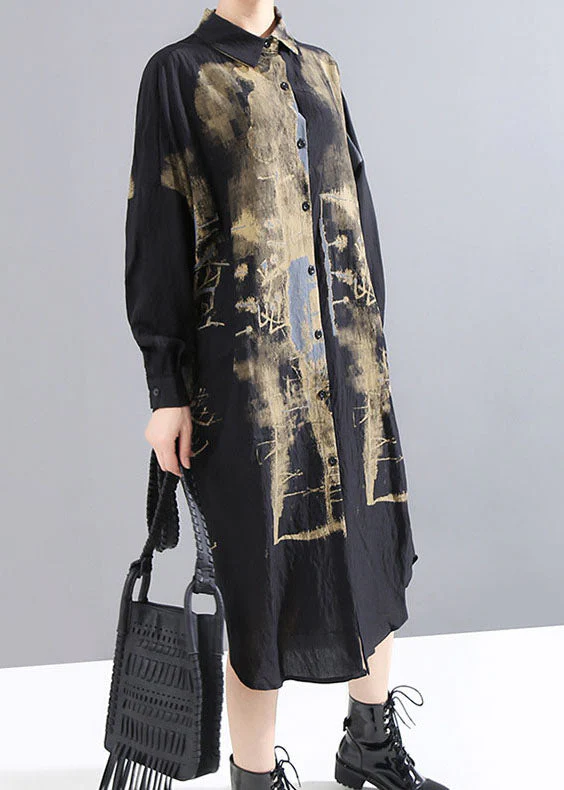 Handmade Black low high design Peter Pan Collar Print shirt Dress Spring - Image 3
