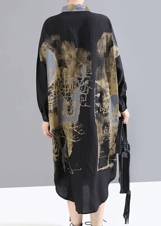 Handmade Black low high design Peter Pan Collar Print shirt Dress Spring - Image 5