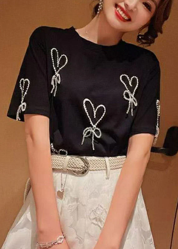 Handmade Black Nail Bead Bow T Shirts Summer
