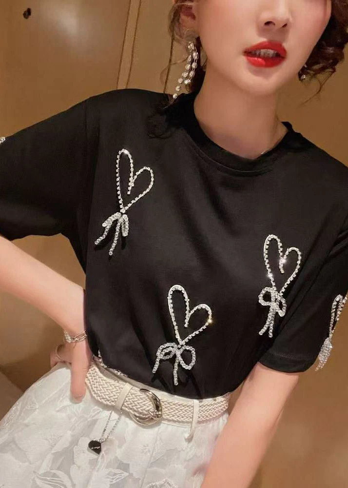Handmade Black Nail Bead Bow T Shirts Summer - Image 3