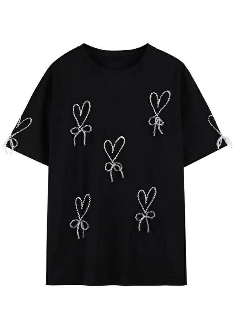 Handmade Black Nail Bead Bow T Shirts Summer - Image 5