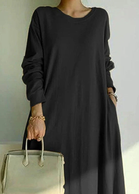 Handmade Black O Neck Patchwork Cotton Long Dress Spring - Image 5