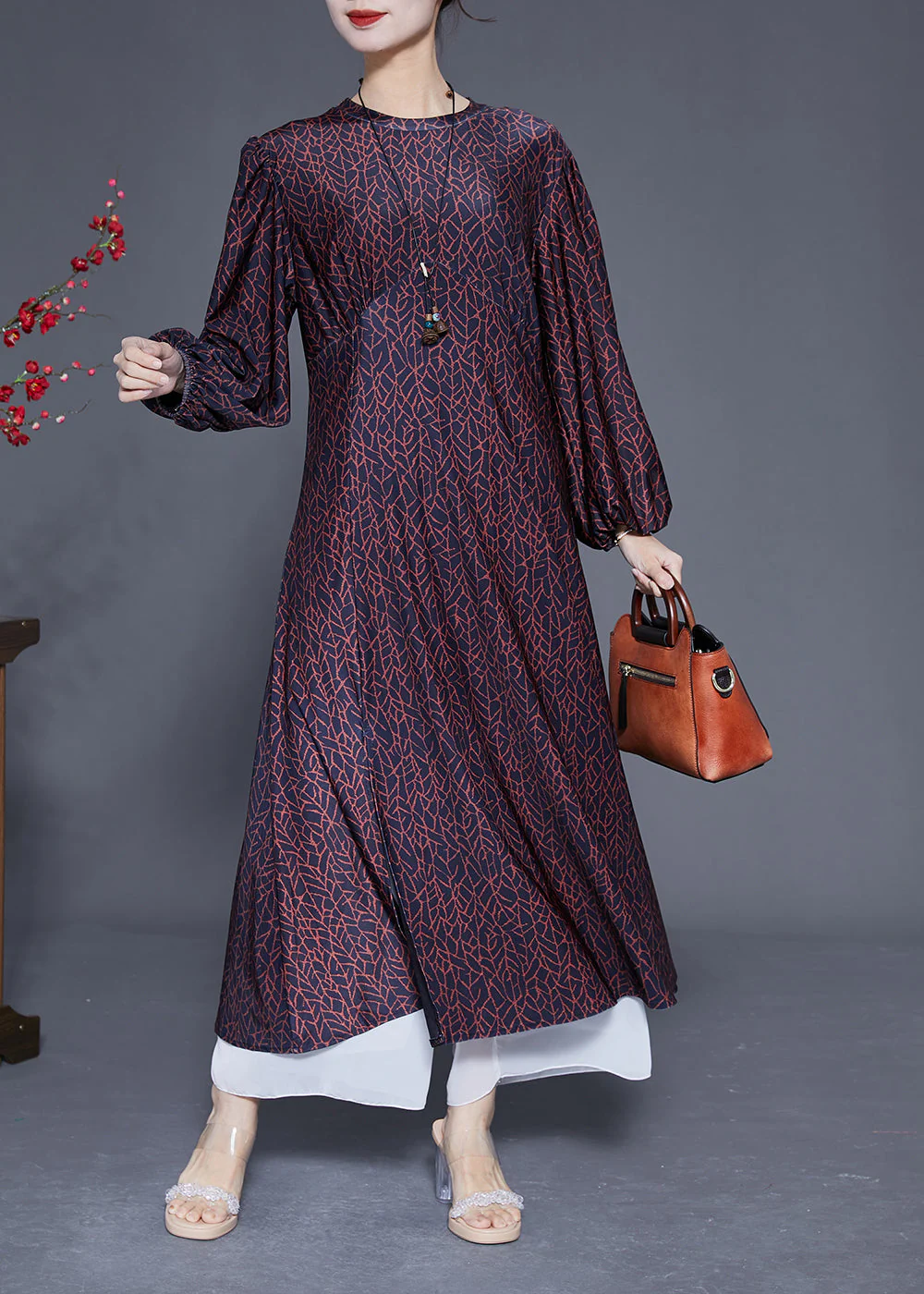 Handmade Black O-Neck Patchwork Print Wrinkled Silk Dress Lantern Sleeve - Image 3