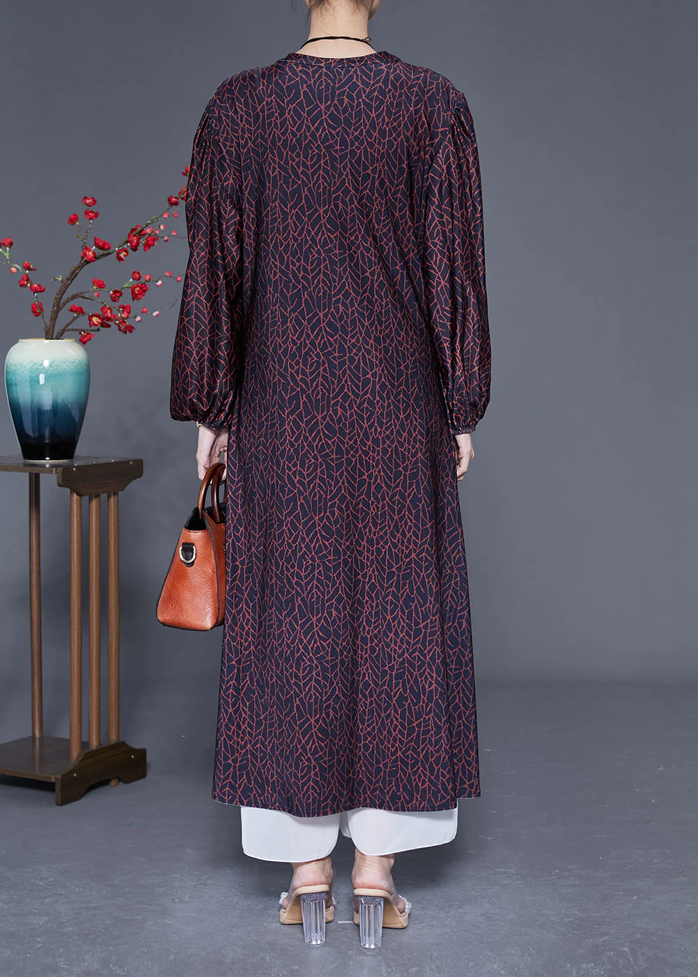Handmade Black O-Neck Patchwork Print Wrinkled Silk Dress Lantern Sleeve - Image 4