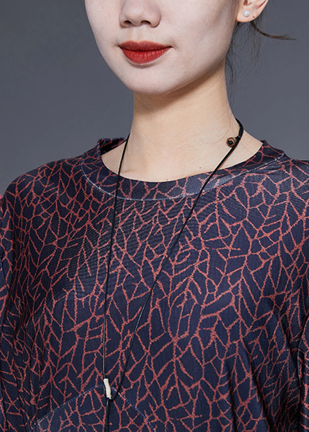 Handmade Black O-Neck Patchwork Print Wrinkled Silk Dress Lantern Sleeve - Image 5