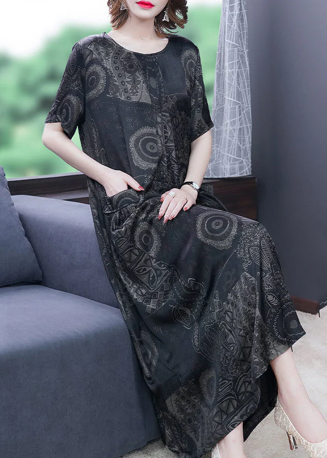Handmade Black O-Neck Print Silk Long Dress Summer - Image 2
