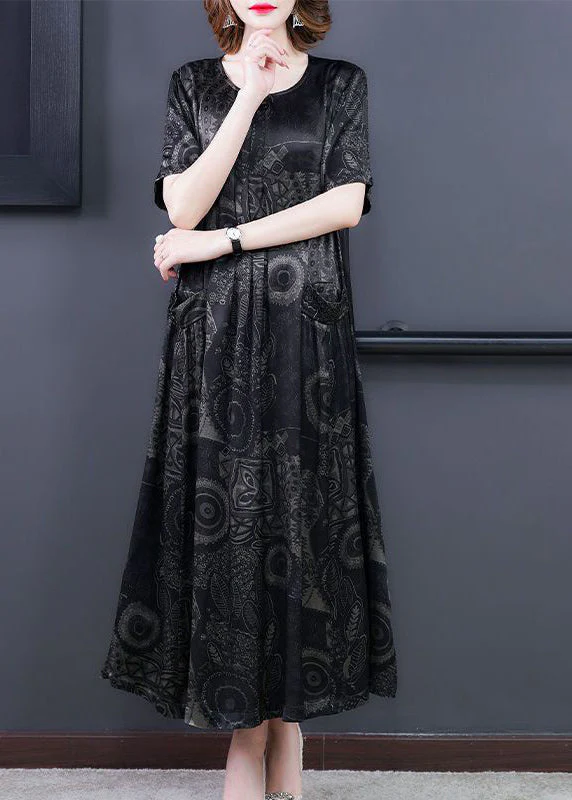 Handmade Black O-Neck Print Silk Long Dress Summer - Image 3