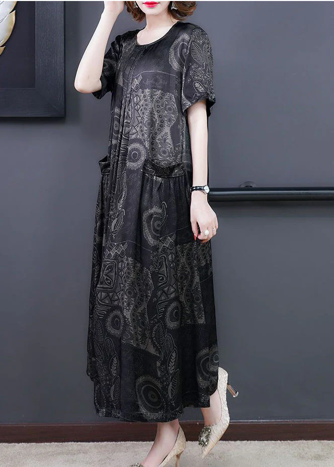 Handmade Black O-Neck Print Silk Long Dress Summer - Image 4