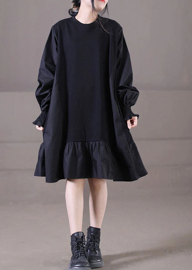 Handmade Black O-Neck Wrinkled Patchwork Ruffles Cotton Mid Dress Lantern Sleeve - Image 2