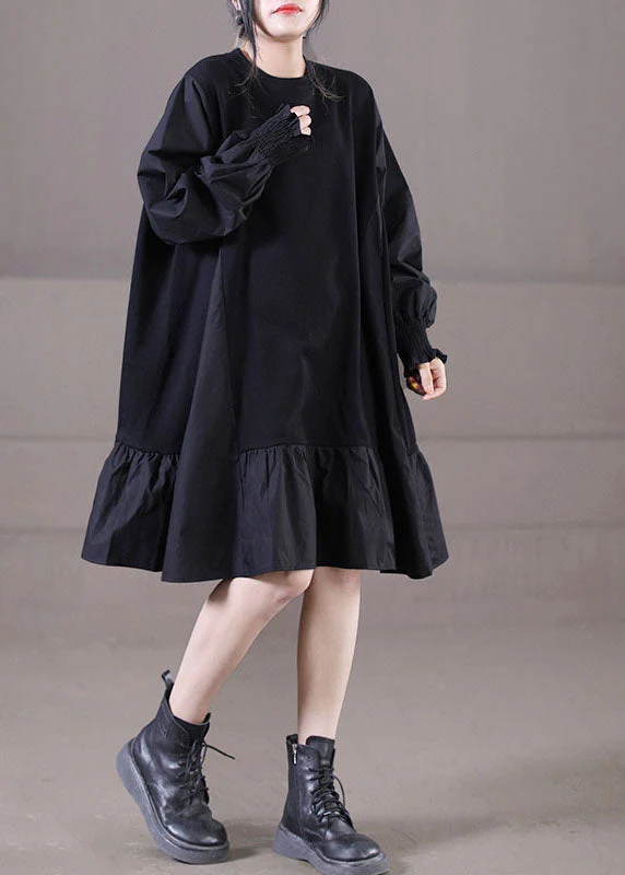 Handmade Black O-Neck Wrinkled Patchwork Ruffles Cotton Mid Dress Lantern Sleeve - Image 3