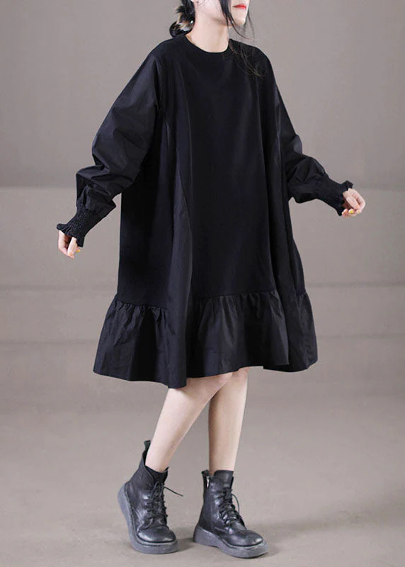 Handmade Black O-Neck Wrinkled Patchwork Ruffles Cotton Mid Dress Lantern Sleeve - Image 4