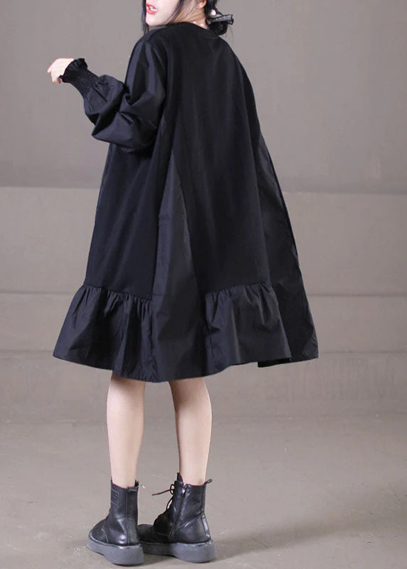 Handmade Black O-Neck Wrinkled Patchwork Ruffles Cotton Mid Dress Lantern Sleeve - Image 5