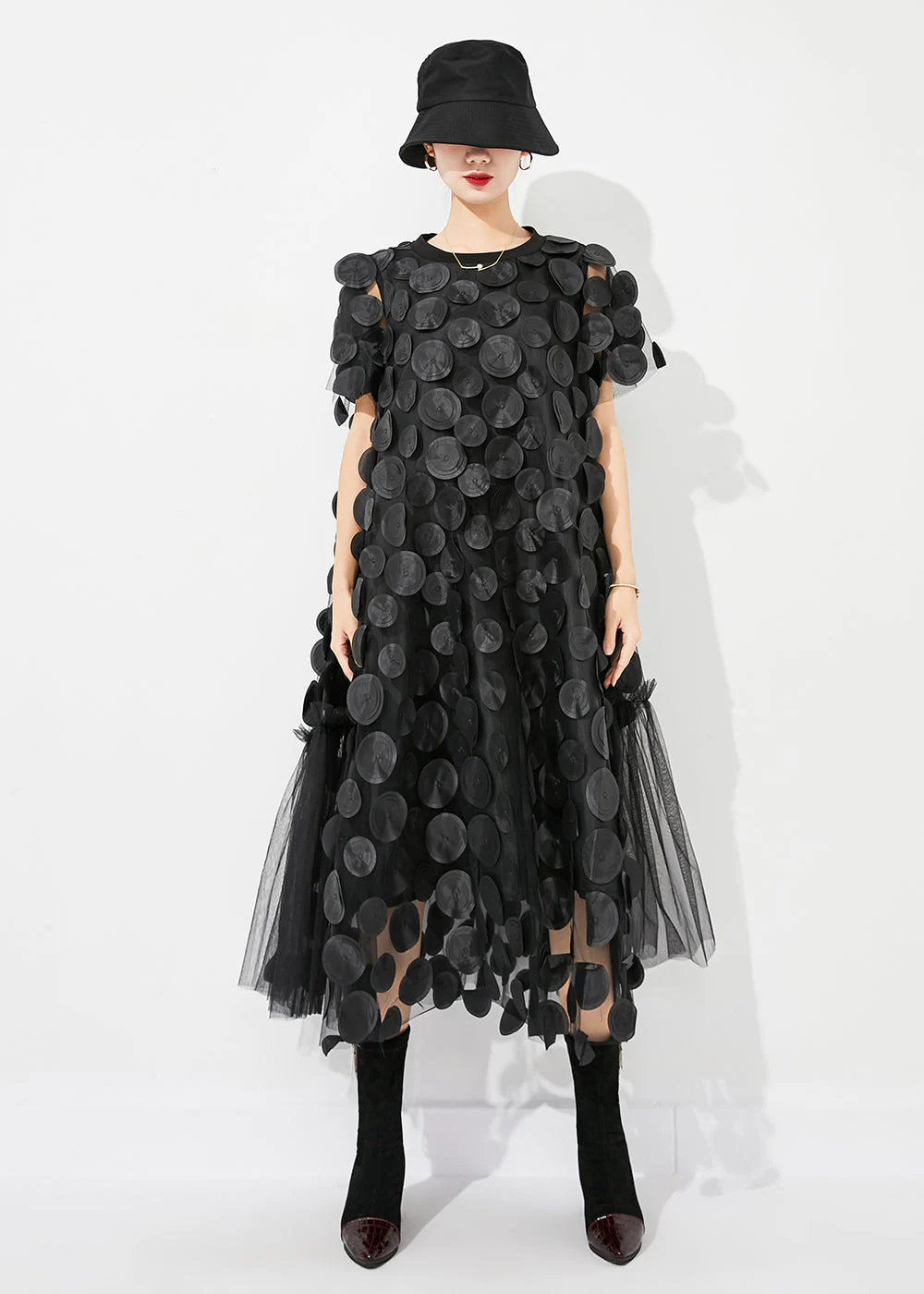 Handmade Black Oversized Patchwork Tulle Robe Dresses Summer - Image 3