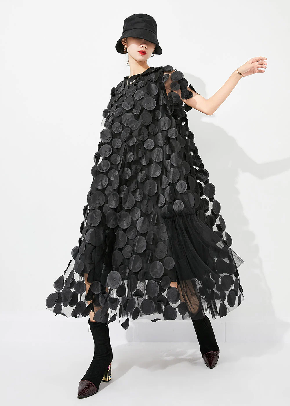 Handmade Black Oversized Patchwork Tulle Robe Dresses Summer - Image 4