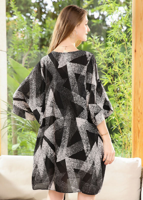 Handmade Black Oversized Print Chiffon Dresses Batwing Sleeve - Image 4