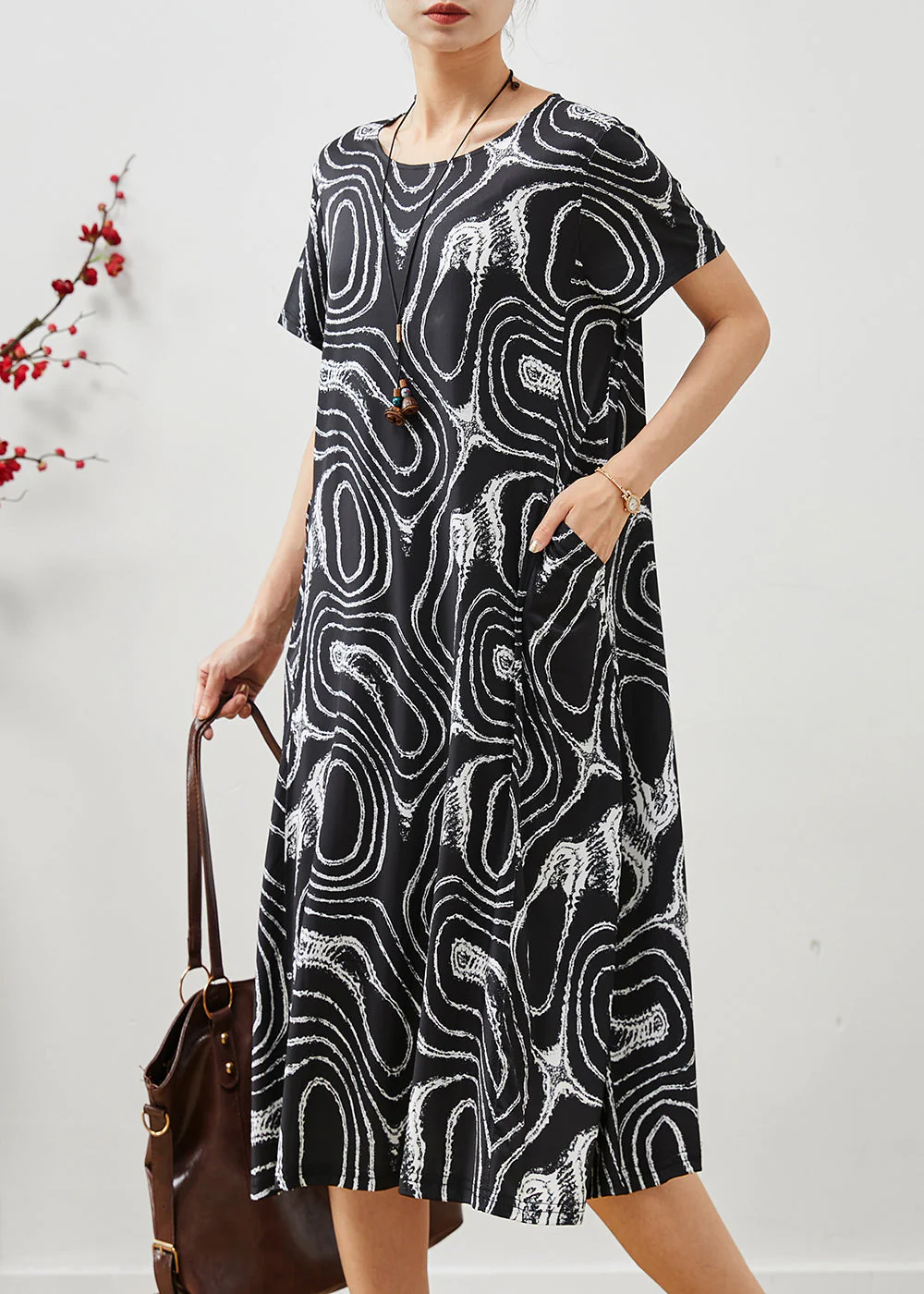 Handmade Black Oversized Print Chiffon Vacation Dresses Summer - Image 2
