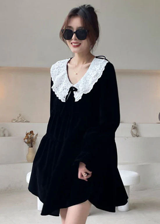 Handmade Black Patchwork Velour Vacation Dress Winter - Image 3