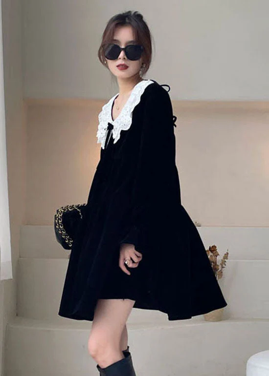 Handmade Black Patchwork Velour Vacation Dress Winter - Image 4