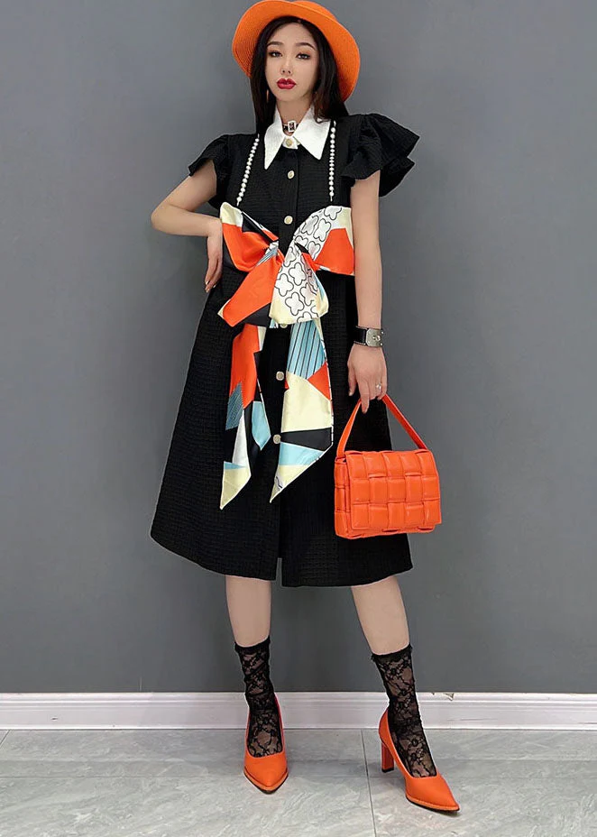 Handmade Black Peter Pan Collar Boe Patchwork Cotton Shirt Dress Butterfly Sleeve - Image 2