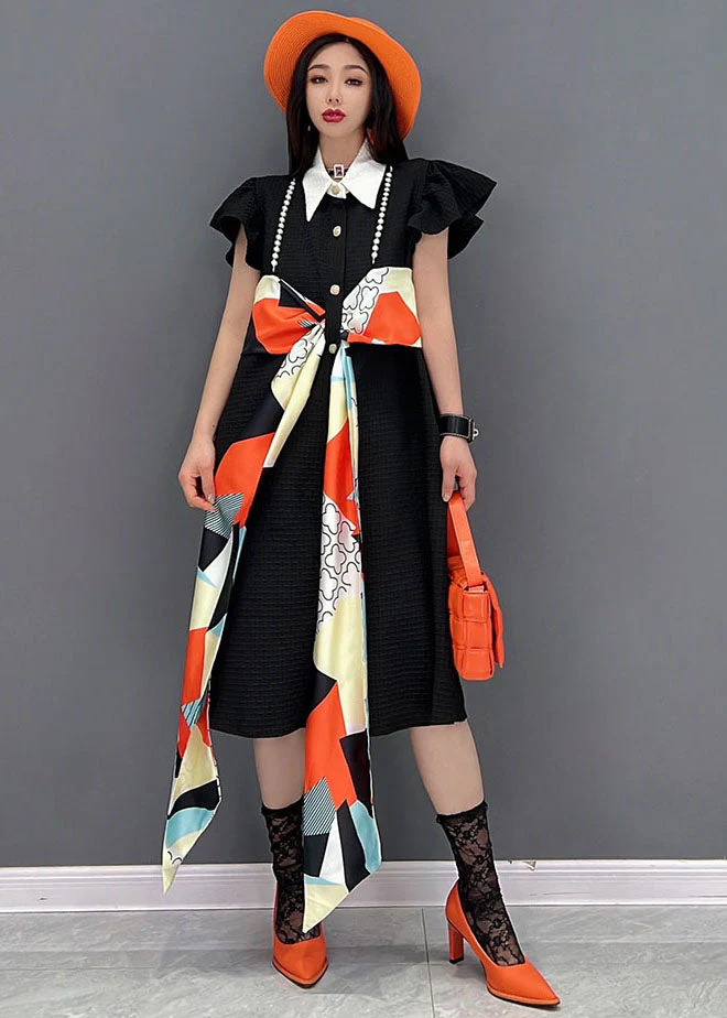 Handmade Black Peter Pan Collar Boe Patchwork Cotton Shirt Dress Butterfly Sleeve - Image 3