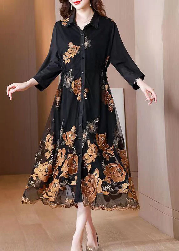 Handmade Black Peter Pan Collar Embroidered Patchwork Dress Fall - Image 2