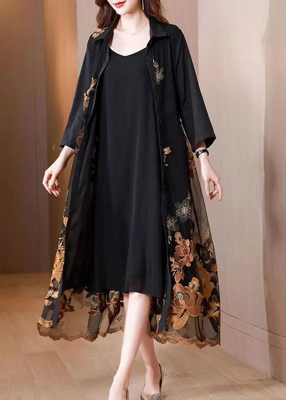 Handmade Black Peter Pan Collar Embroidered Patchwork Dress Fall - Image 3