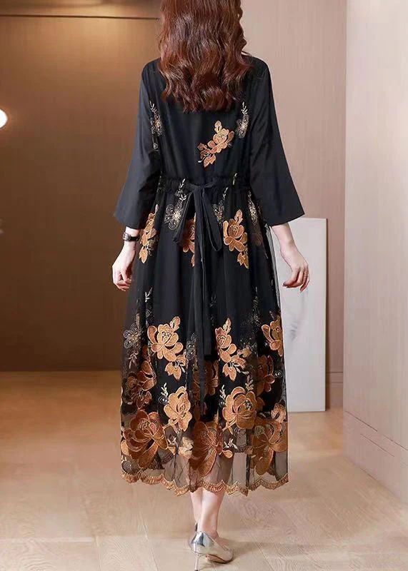 Handmade Black Peter Pan Collar Embroidered Patchwork Dress Fall - Image 4