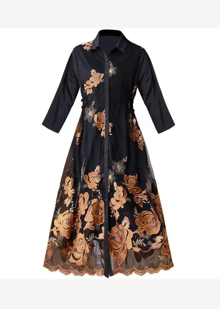 Handmade Black Peter Pan Collar Embroidered Patchwork Dress Fall - Image 5