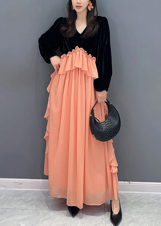 Handmade Black Pink Ruffled Velour Patchwork Chiffon Dresses Fall - Image 2