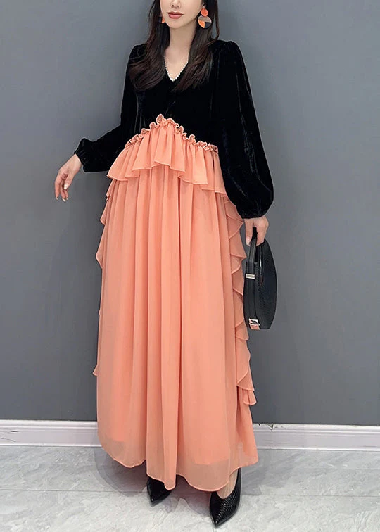 Handmade Black Pink Ruffled Velour Patchwork Chiffon Dresses Fall - Image 3