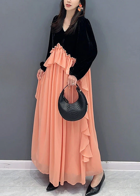 Handmade Black Pink Ruffled Velour Patchwork Chiffon Dresses Fall - Image 4